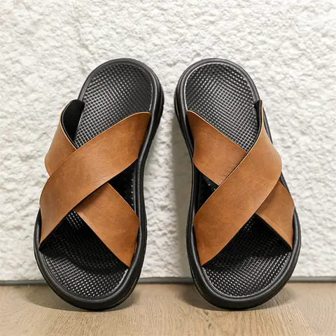 Pantoufles en cuir pour hommes, sandales d'été confortables et respirantes de grande taille pour hommes avec semelle souple