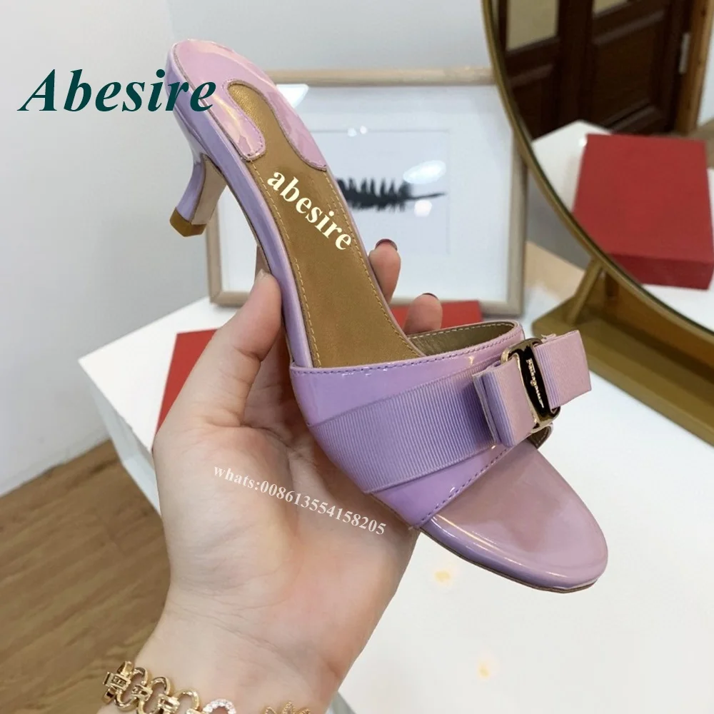 2022 New Designer Butterfly Knot Slippers Round Toe Kitten Heel Glossy Leather Summer Luxury Women Shoes Big Size 43 Cute Ladies