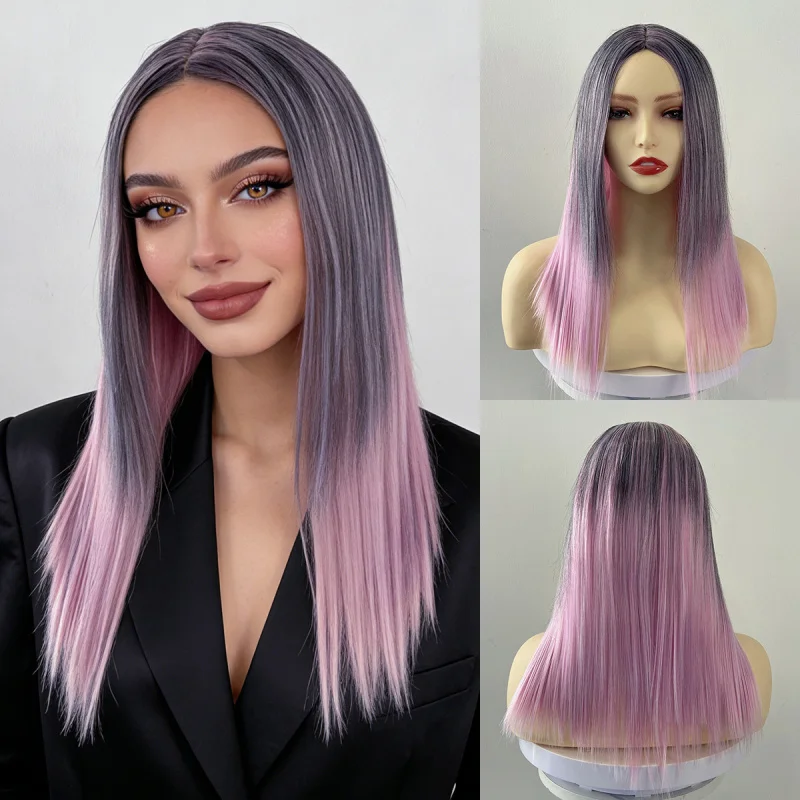 

European American style women's black and pink gradient middle-parted medium-length straight synthetic fiber wig