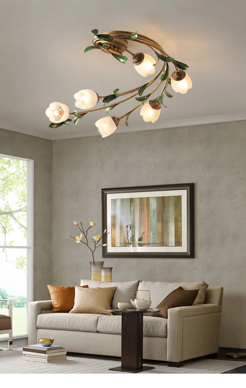 

Art Copper Circle Around Ceiling Lamp with Rosebud Decoration Bedroom Motif Chandelier Lights Glitter Flower with Leaf
