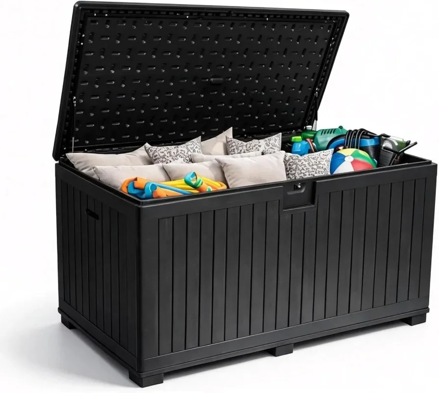

320 Gallon Deck Box with 6 Waterproof Foot Pads, Resin Storage Box Weatherproof, Plastic Cushion Container with Lock and Lids
