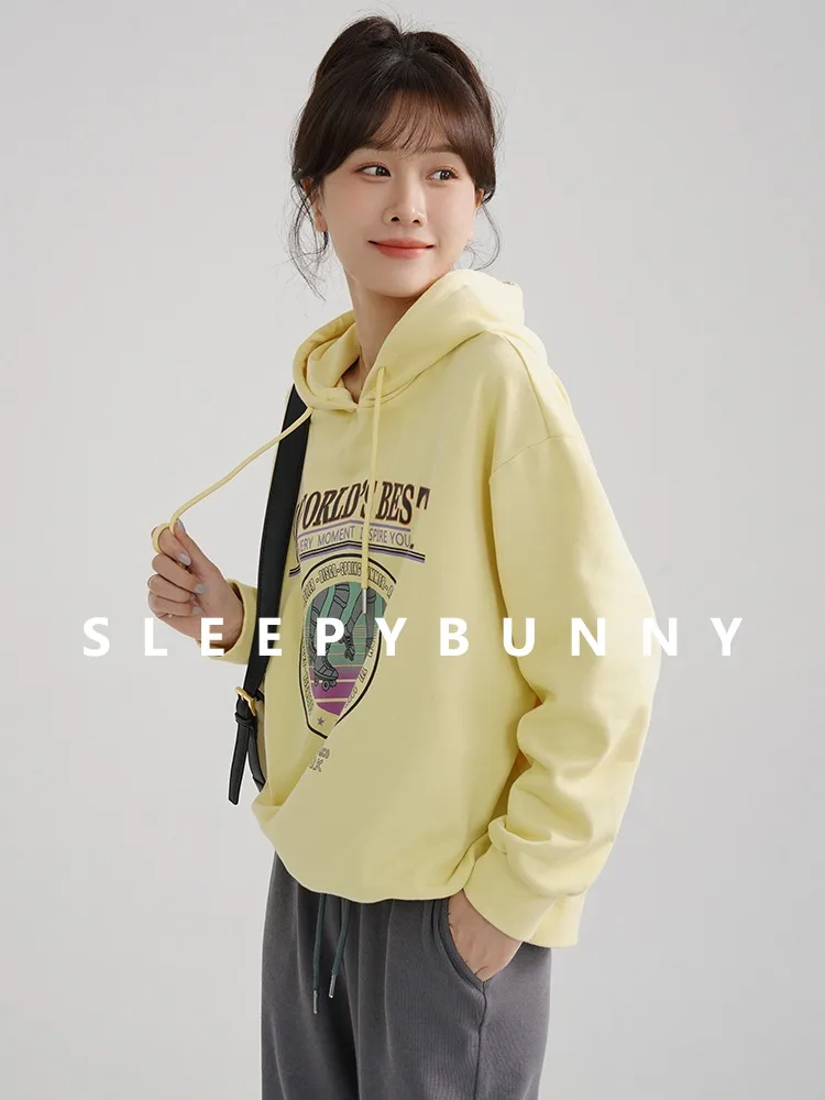 Loose Fit Graphic Hoodie Women Casual Pullover Sweatshirt Letter Print Drop Shoulder American Style Hooded Top Spring Streetwear