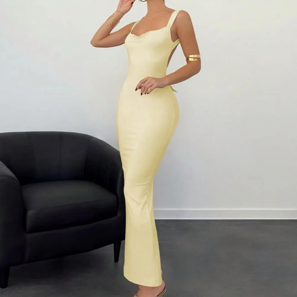 

Customized A-Line Evening Dresses Tea-Length Square Collar Sleeveless Prom Gown Simple Fsahion Backless Bow Casual Party Gown