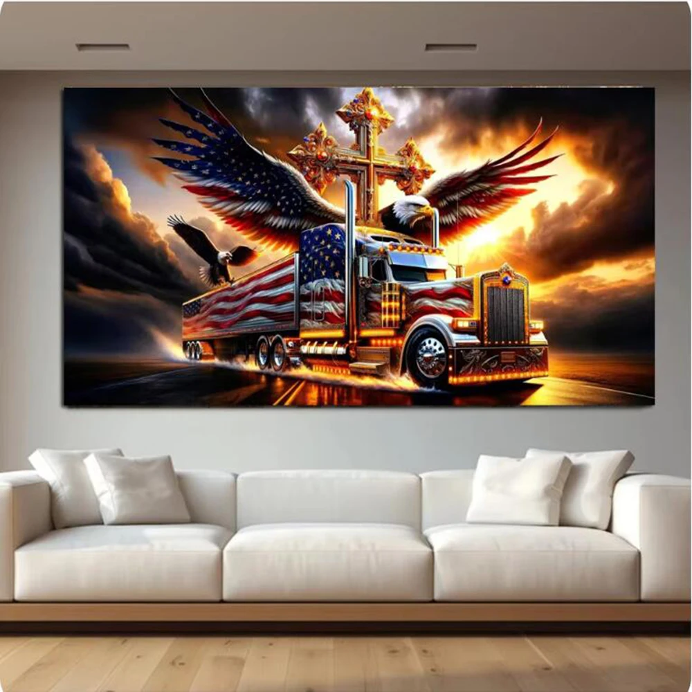 Large SizeTruck And Eagle Flag Diamond Painting Kits Golden Cross Landscape Mosaic Diamond Embroidery Sale For Living Room Decor