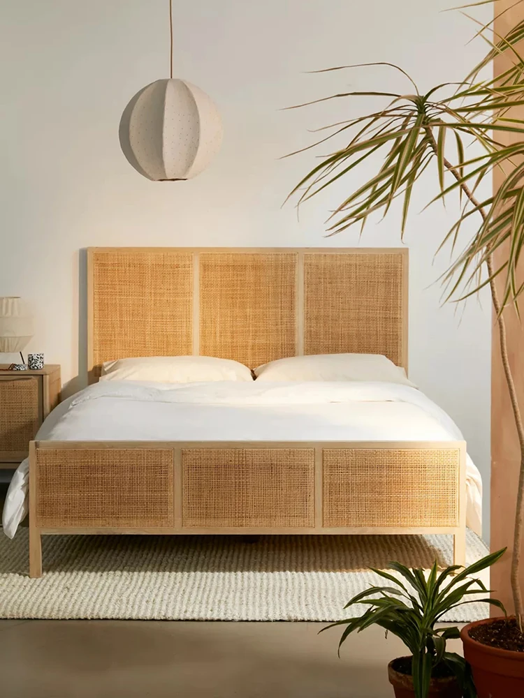 Vine Vine Woven Bed Home 1.51.8-meter Master Bedding Nordic Quiet Wind Homestay White Wax Wood Double Bed