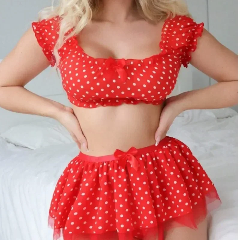 

Fashion Two-piece Set Sexy Lingerie Sexy Short Skirt Garter Straps Polka Dot Off Shoulder Puffy Skirt Women's Erotic Lingerie