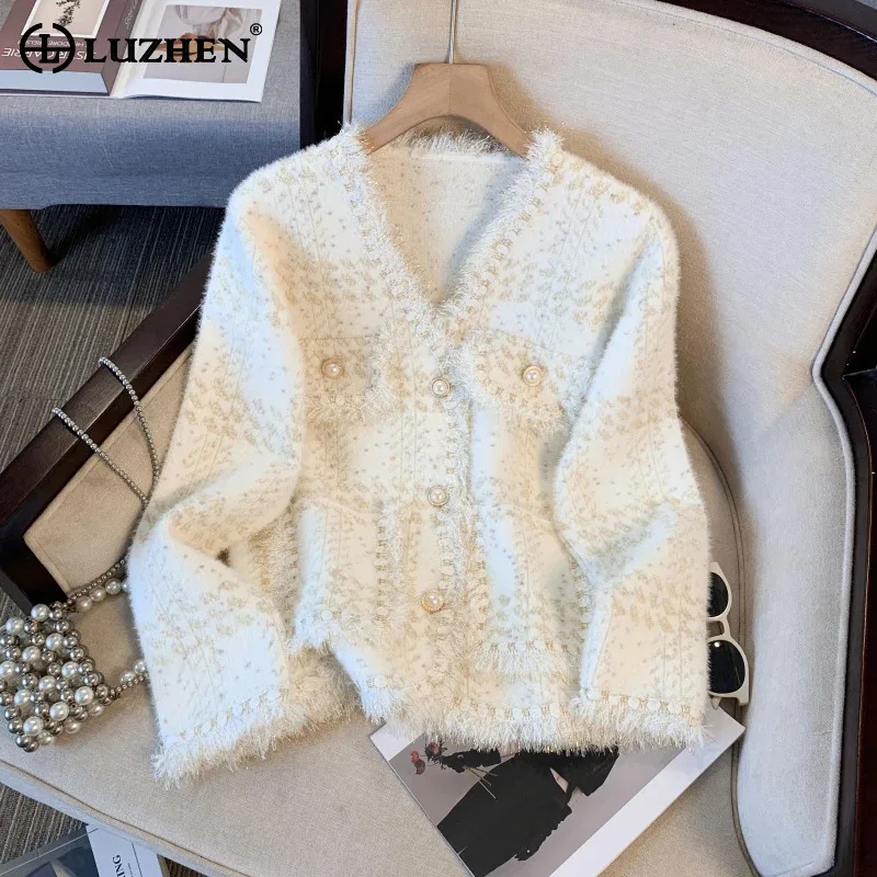 LUZHEN French Tassel Design Pearl Buttoned Solid Color Fleece Coat Women's New Elegant Luxury V Neck Casual Blazer Jacket AA2332