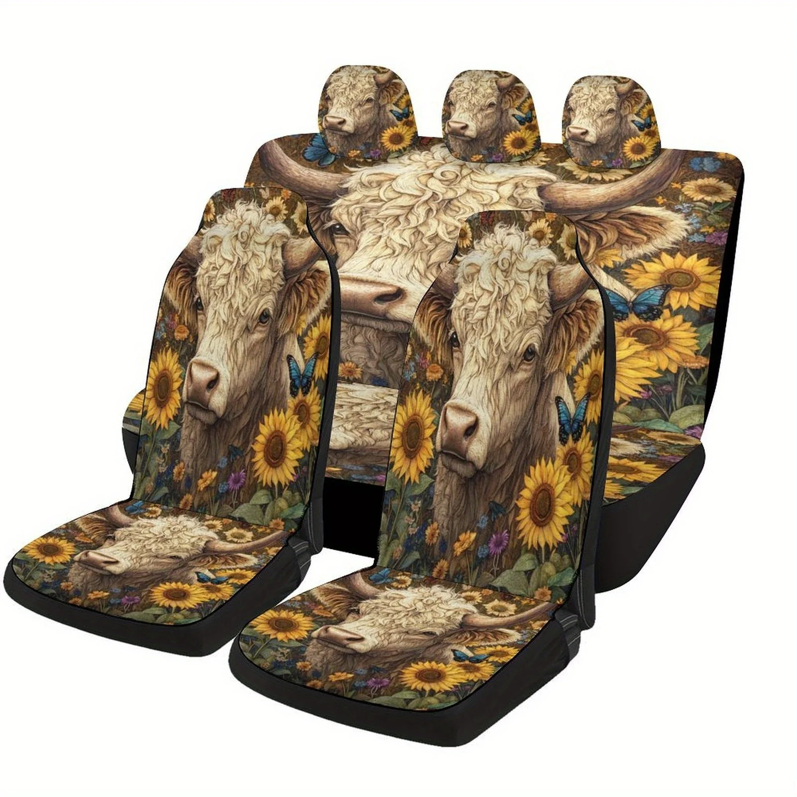 

Cow In Sunflowers Themed Car Seat Cover Set For Most Cars, Fashion Personalized Novelty Car Seat Protector Covers Full Set, Univ