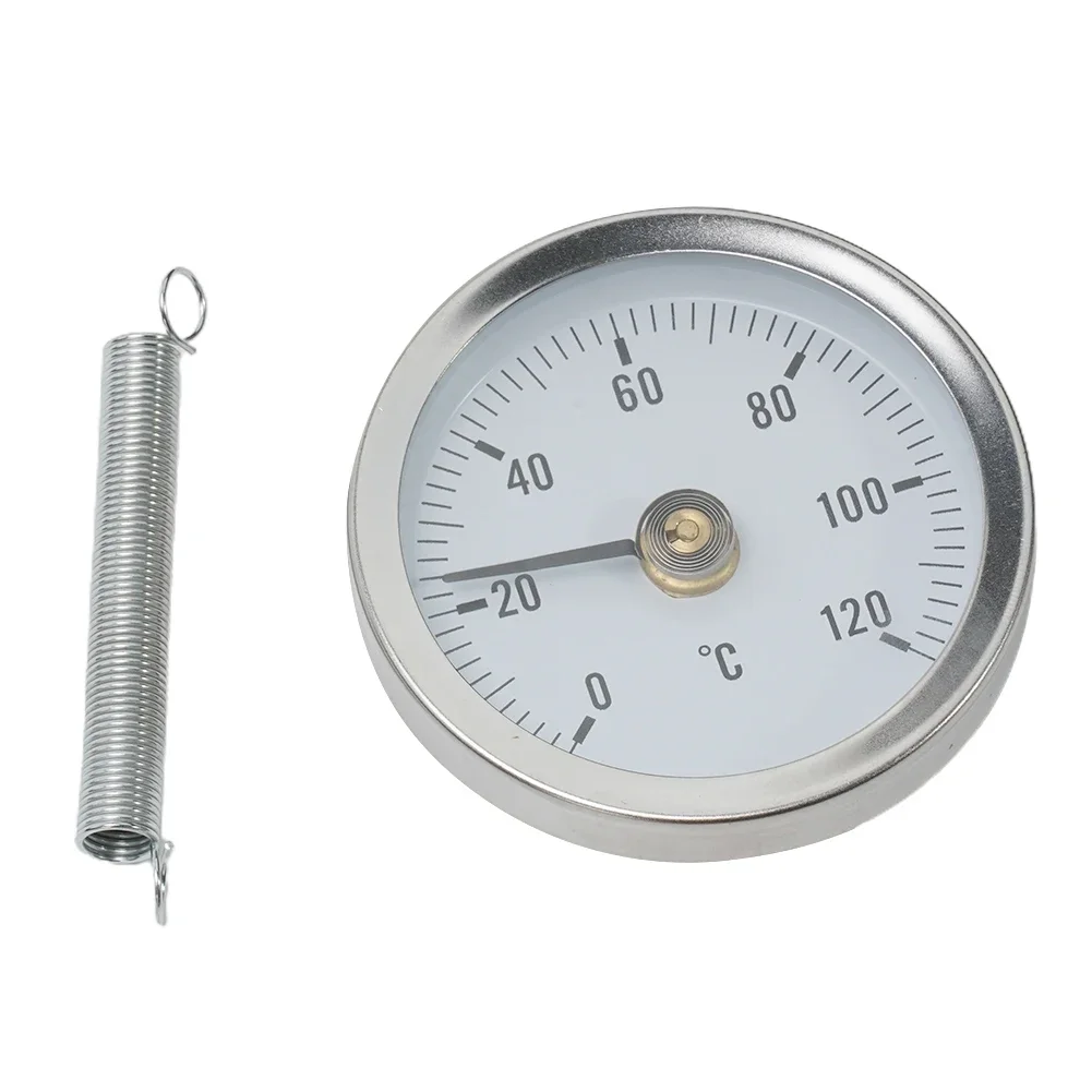 Thermomètres à tuyaux durables, bimétallique, 0-120 ℃, 63mm, analogique, tuyau de chauffage à pince, mesure, ressort rond, acier inoxydable