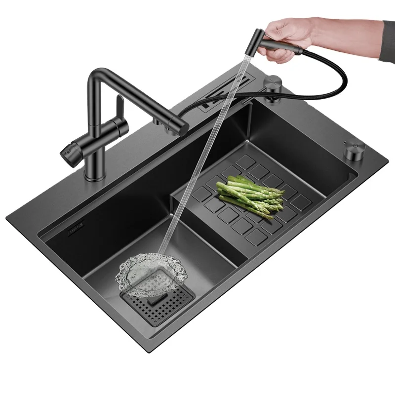 Asras SUS304 Durable Stainless Steel Black Nano Handmade Step Sink with Drain and Kitchen Faucet-7345NJ-1