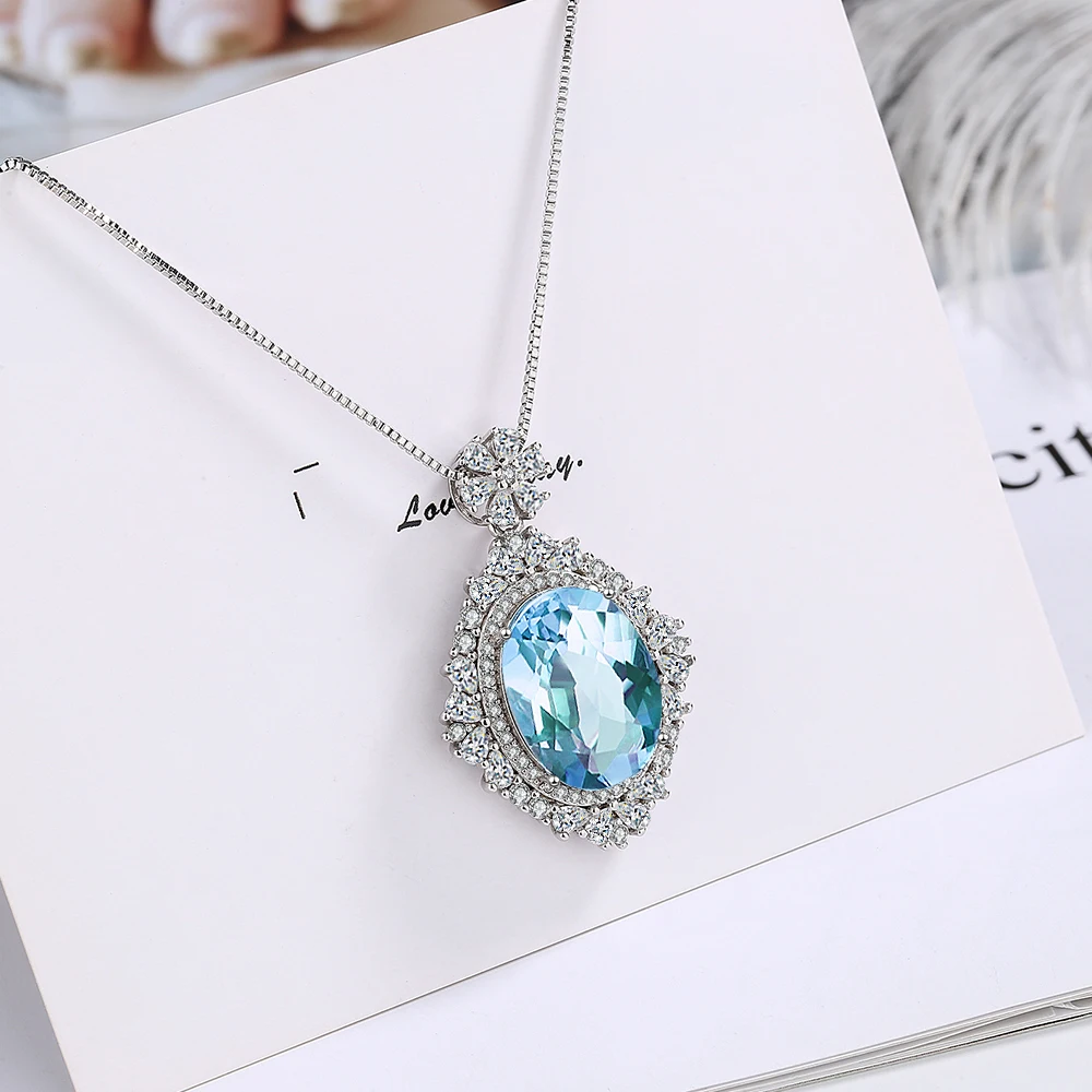 Sky Blue Topaz Stone Pendant 2.3 Carat Oval Shape Solitaire Natural Topaz 925 Sterling Silver Chain Necklace for Women