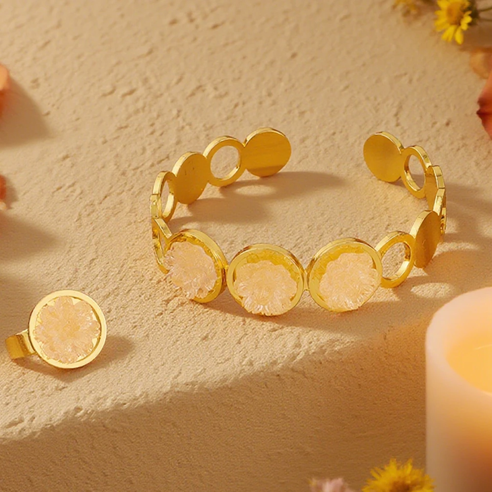 

Vintage Stainless Steel Zircon Bangles Ring for Women Luxury Gold Color Jewelry Set Flower Cuff Bangle Wedding Ball Jewelry Gift