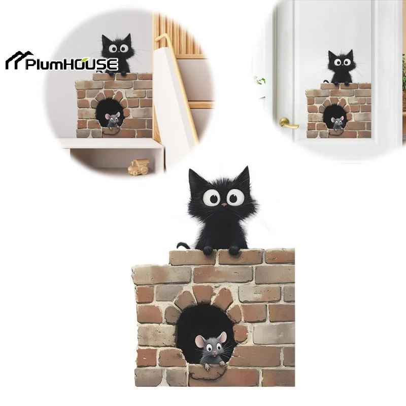 1Pcs Cartoon Cat Mouse Wall Sticker Kids Room Background Decor Mural Study Door Home Decoration Self-adhesive Decals