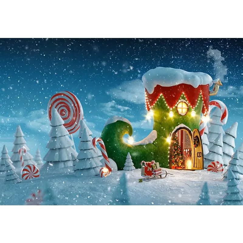 

Falling Snowflakes Winter Wonderland Backdrop Printed Cedars Candy Boot House Kids Fairytale Christmas Background Photography