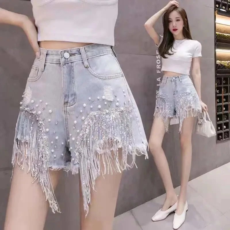 

Women's Denim Shorts Summer Korean Style High Waist Slim Tassel Rhonestone Sequins Casual A-line Shorts Lady Jeans Shorts Pants