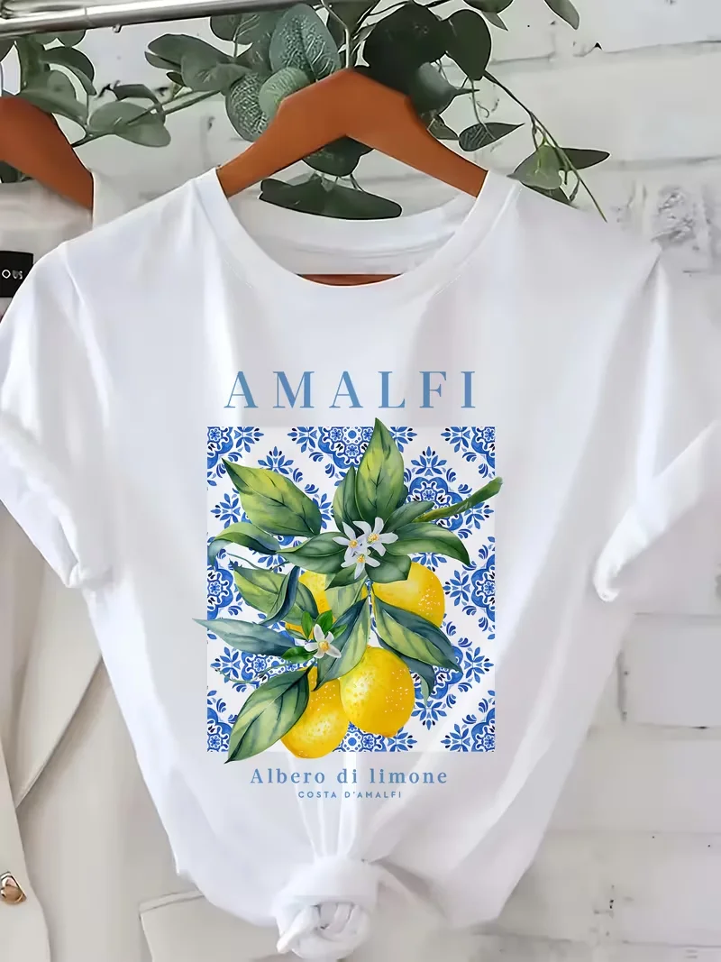 Amalfi Lemon Citrus Print T-Shirt mit mediterraner Fliesen-Grafik, kurzärmelig, für Damen, lässig, locker, Streetwear, Alltagskleidung – Detail 4