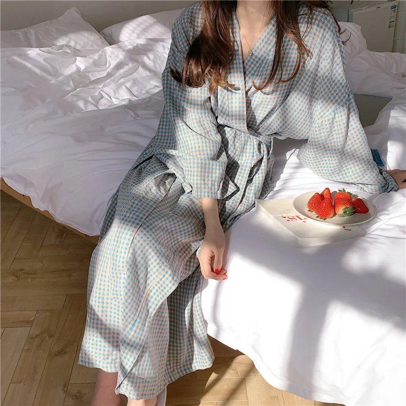 Vintage Plaid Cotton Women\'S Dress Casual Loose Long Sleeve Bandage Lace Up Female Dress Pajama Robe Homewear