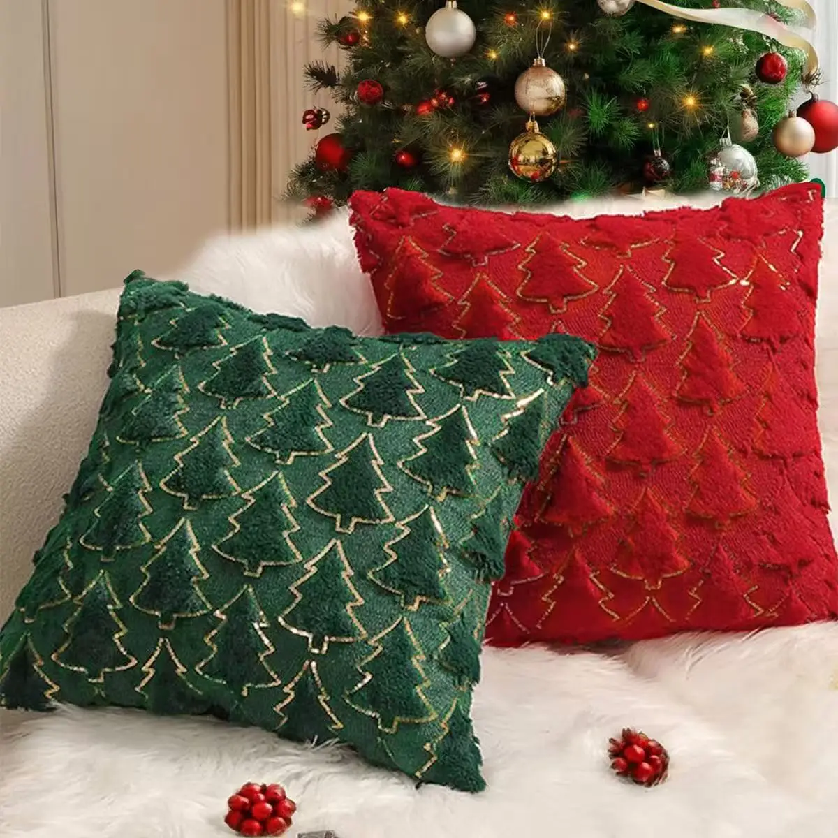 

European Style PV Frosted Velvet Xmas Tree Pillowcase for Home Office Hotel Christmas Decorations Cute Shiny Gold Cushion Cover