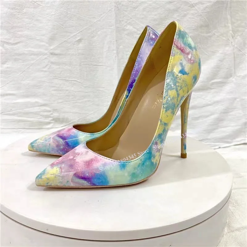 

Mixed Color Slip On Pattern Pumps Pointed Toe Thin High Heel Fashion Sexy 2024 Summer Big Size Woman Shoes Zapatillas Mujer