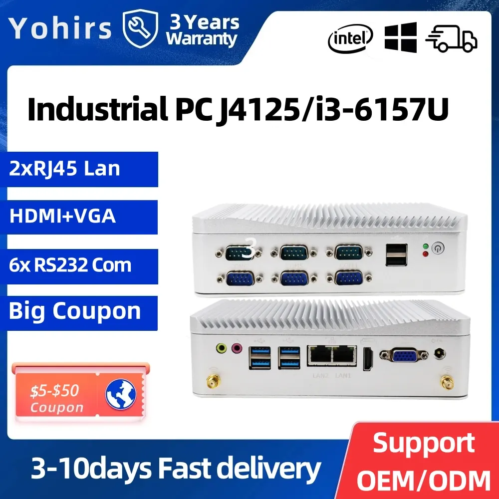 Yohirs Cheap Embedded Industrial Computer Core i3 8130U J4125 Dual 2.5G Lan 6*RS232 COM HD VGA Fanless All In One PC 3G 4G LTE