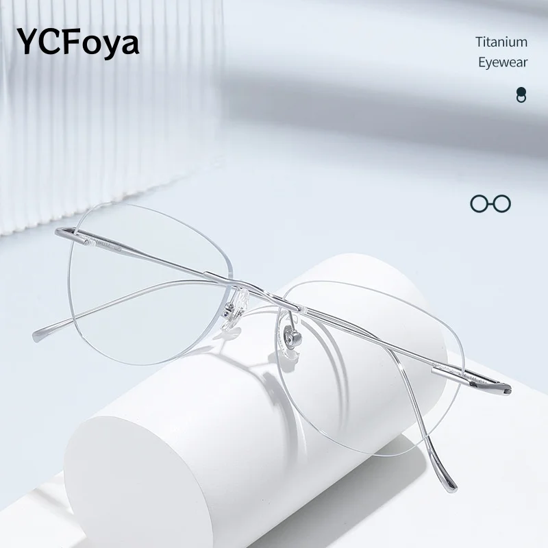 

YCFoya Сверхлегкие очки без оправы «кошачий глаз» для женщин, модные ретро титановые сплавы, оптическая оправа по рецепту, ретушь лица 8925-53