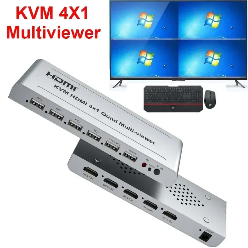 KVM HDMI 4X1 Quad Multi Viewer 4 in 1 Out Vedio Processor Screen Multiviewer Seamless Switch 1080P Supports USB Keyboard Mouse