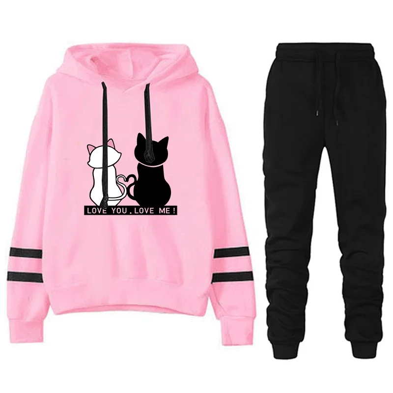 

New in Autumn Winter Womens Tracksuit Two Cats Printing Hooded Sweatshirt Outfits Jogging Casual Pants Set Daily Home Clothing