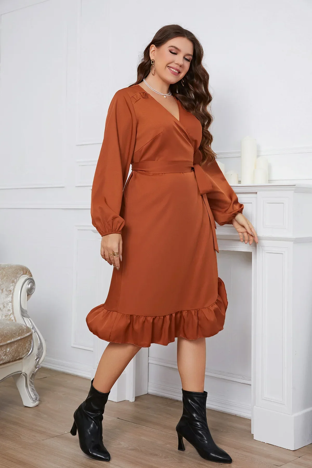 Damska sukienka midi Plus Size z długim rękawem Swing Midi Dress V Neck Wrap Belted A Line Ruffle Trim Tie Side Robe Solid color clothing