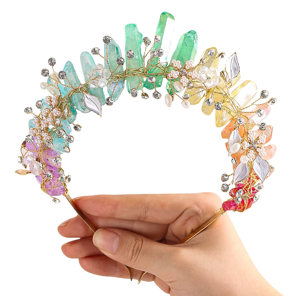 

Obsidian Crystal Crown Headband Handmade Quartz Tiara with Rhinestone Pearl for Yoga Healing Witch Princess Costume