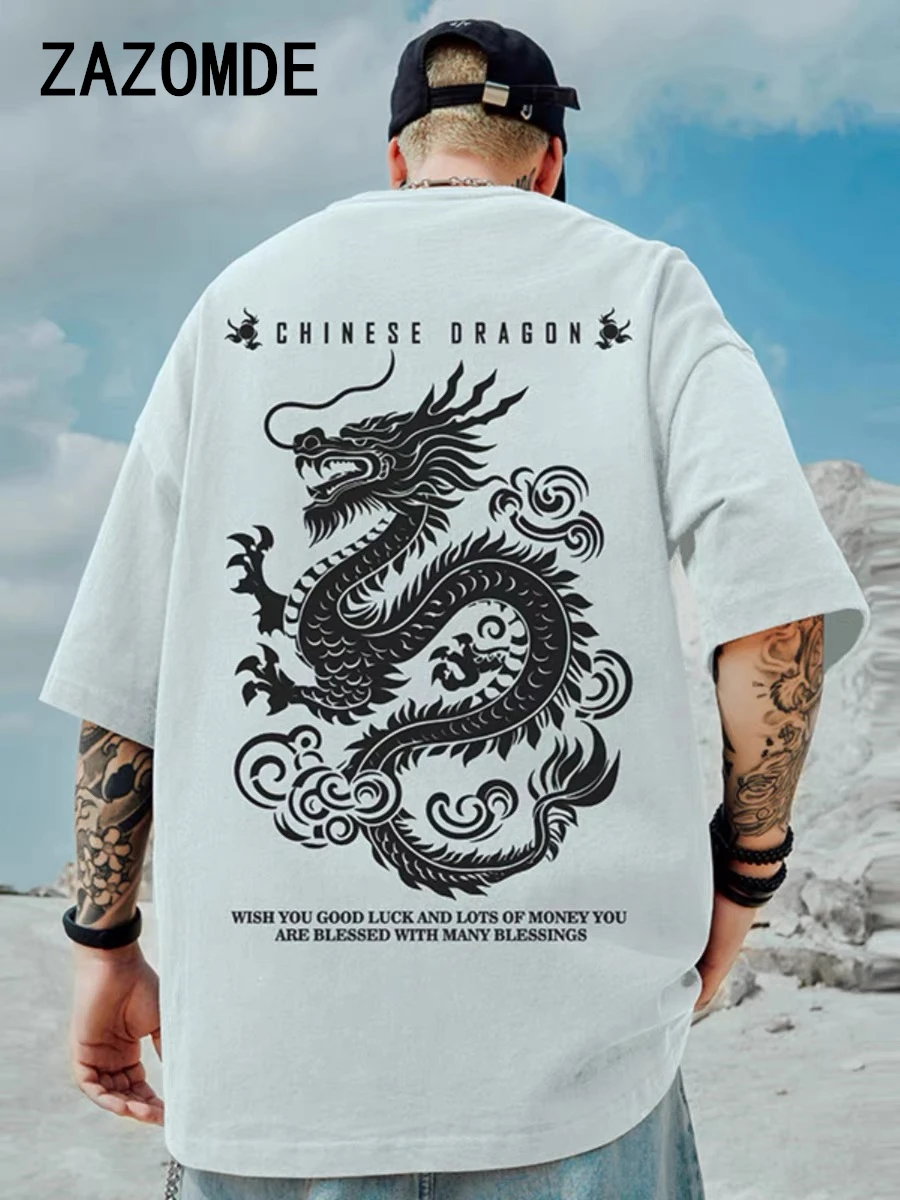 

ZAZOMDE Oversize Men Cotton Short Sleeve T-shirt Summer Loose Print Tees Loong Graphic Wild Streetwear Y2k Harajuku Goth Clothes