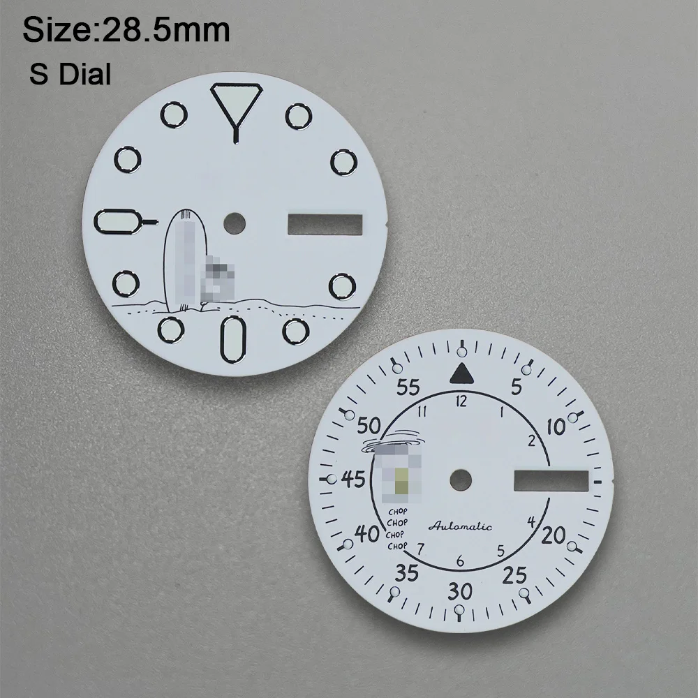 28.5mm Nh36 S Logo Dial Watch White Cartoon Fit NH36 Mechanical Movement Dial Green Luminous Nh35 Dual Calendar Dial