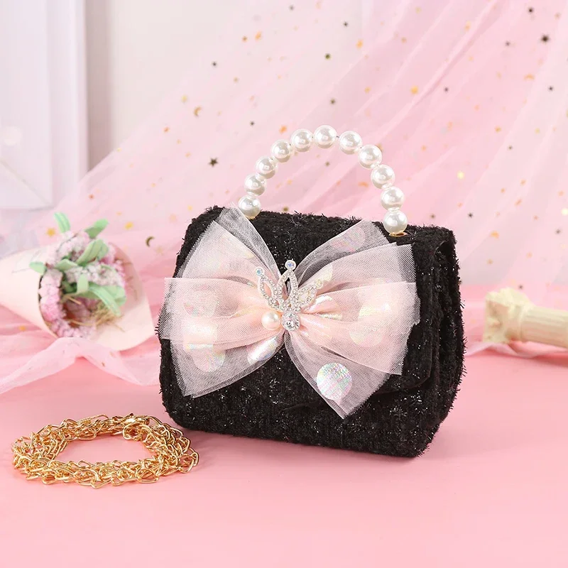 Pink Princess Crown Children Shoulder Bag Baby Girls Fashion Lace Bow Coin Purse Kids Crossbody Chain Handbag Toddler Girl Bags