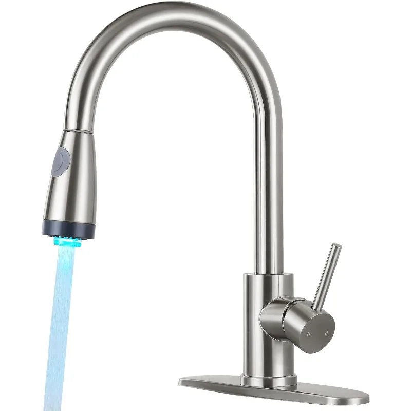 

LED Kitchen Faucet with Pull Down Sprayer,Brushed Nickel Single Handle Kitchen Sink Faucet with Pull Out Sprayer,Stainless Steel