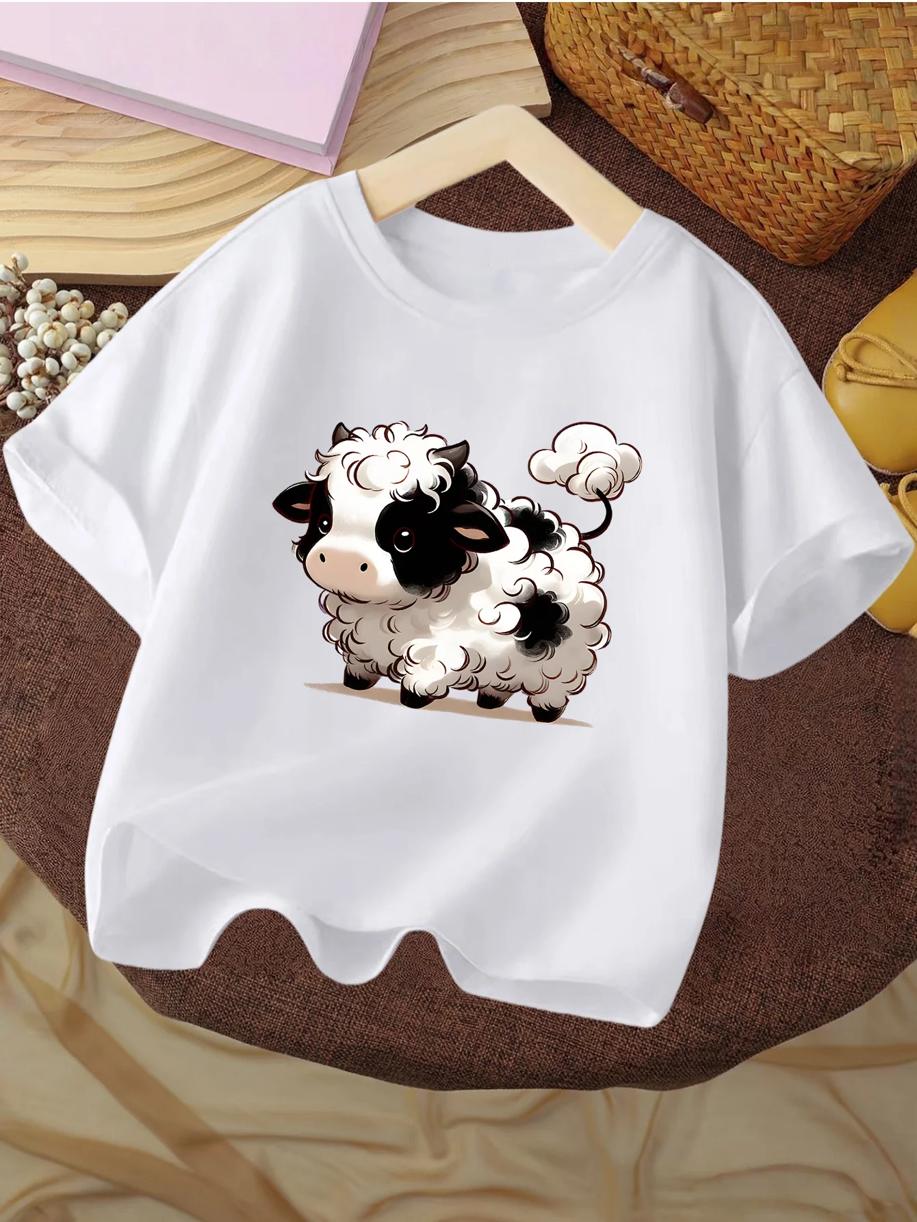 Kids Tee Lovely Curly Spotted Calf With Cloud Tail Kawaii Farm Animal Pattern Print Short Sleeve Cotton Children Casual Wear