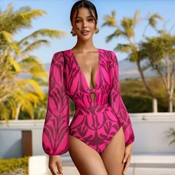 FLAXMAKER-Bodysuit estampado de manga comprida para mulheres, roupa de banho de peça única, decote V, moda praia de férias, vestido luxuoso, vestido terno