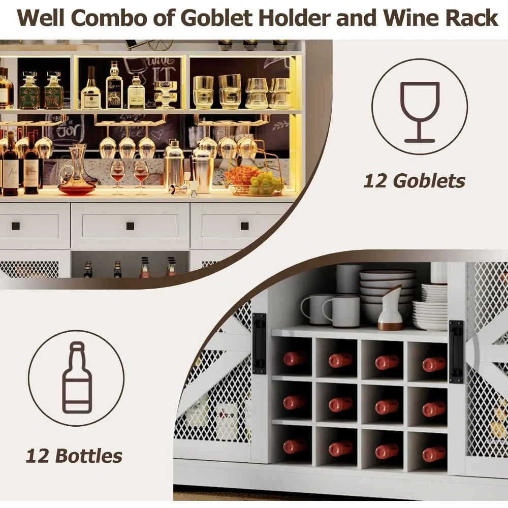 Kabinet Bar Anggur Rumah Pertanian dengan Lampu LED, Kabinet Bar Kopi Dapur dengan Cermin Akrilik, Rak Anggur & Kaca, Rak Penyimpanan a