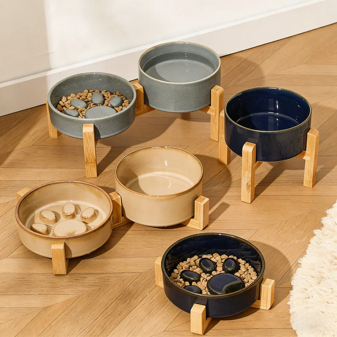 Elevated Ceramic Pet Bowl, Anti-Tip Slow Feeder Dog Cat Food Water Bowl, Neck Protection Raised Bowl for Healthy Digestion