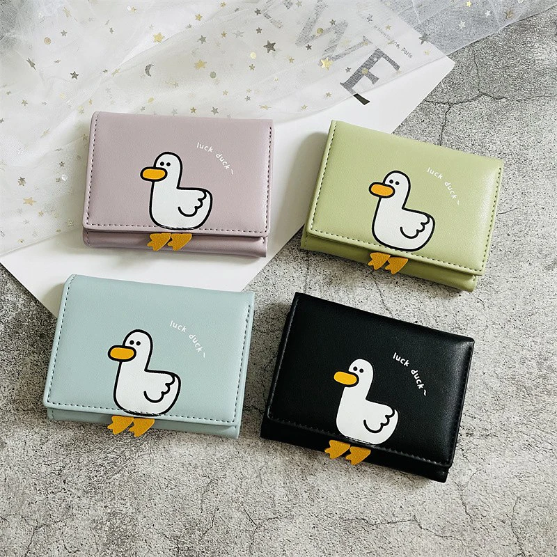 Creative Cartoon Luck Duck Design Women's Wallet PU Leather Bank Card Holder Kawaii Short Fold Wallets Cash Clip Women's Purses