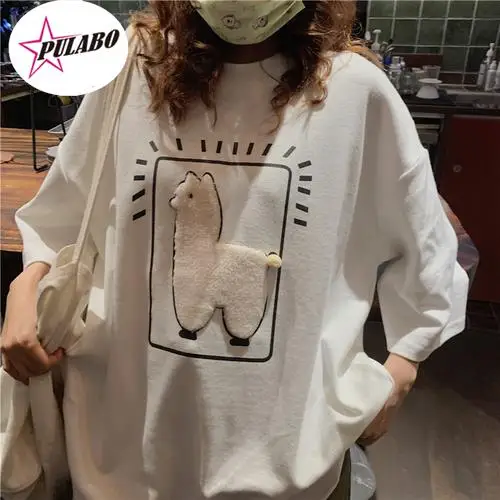 PULABO Tees Cartoon Alpaca Animal Printed Casual Loose Oversize Korean Style Summer Short Sleeve Women Top Female T-shirts y2k