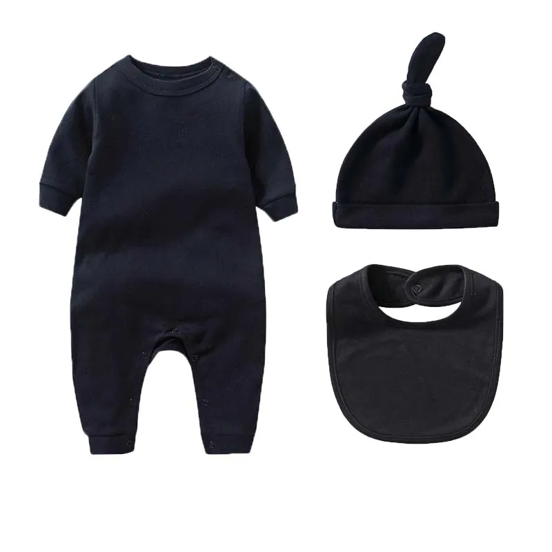 

Newborn 3PCS Set Baby Boy Girls Clothing Cotton Crawling Suit Hat Bib Solid Color Long Sleeve Jumpsuits Infant Outfits 0-3Months