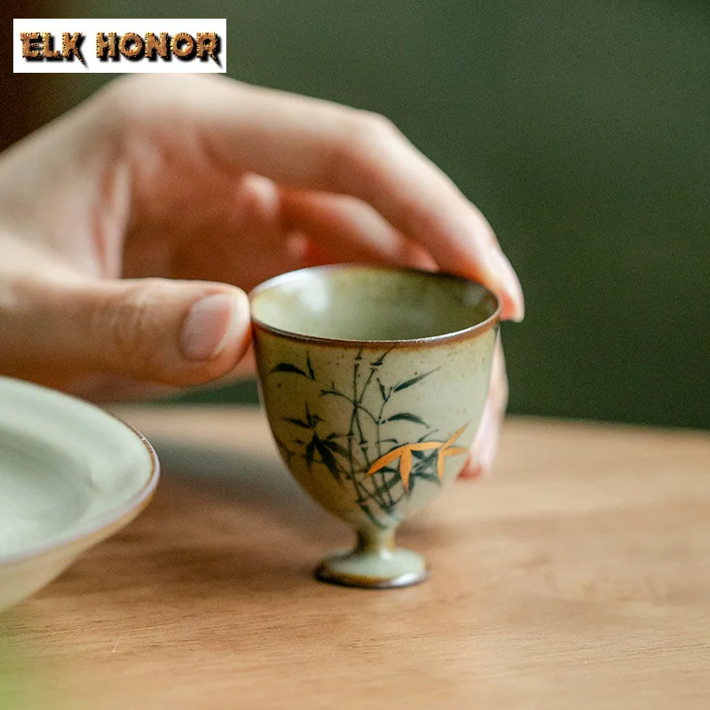 30ML Pure Hand-painted Green Bamboo Ceramic Teacup Antique Glazed Tall Foot Master Cup Personal Tasting Meditation Cup Teaware