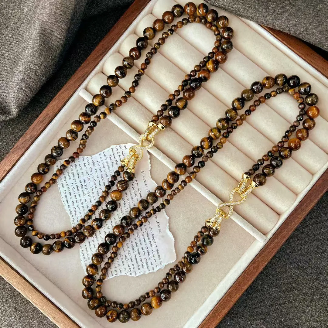 

Boutique new retro autumn and winter Maillard natural tiger's eye stone removable variety of wearing necklaces sweater chains