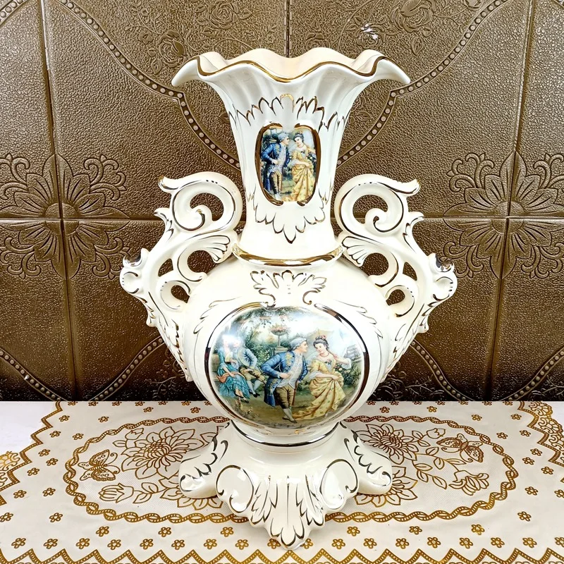 Vas bunga besar Eropa, keramik berlapis emas, motif delima, hiasan ruang tamu, vas binaural, mewah kelas atas