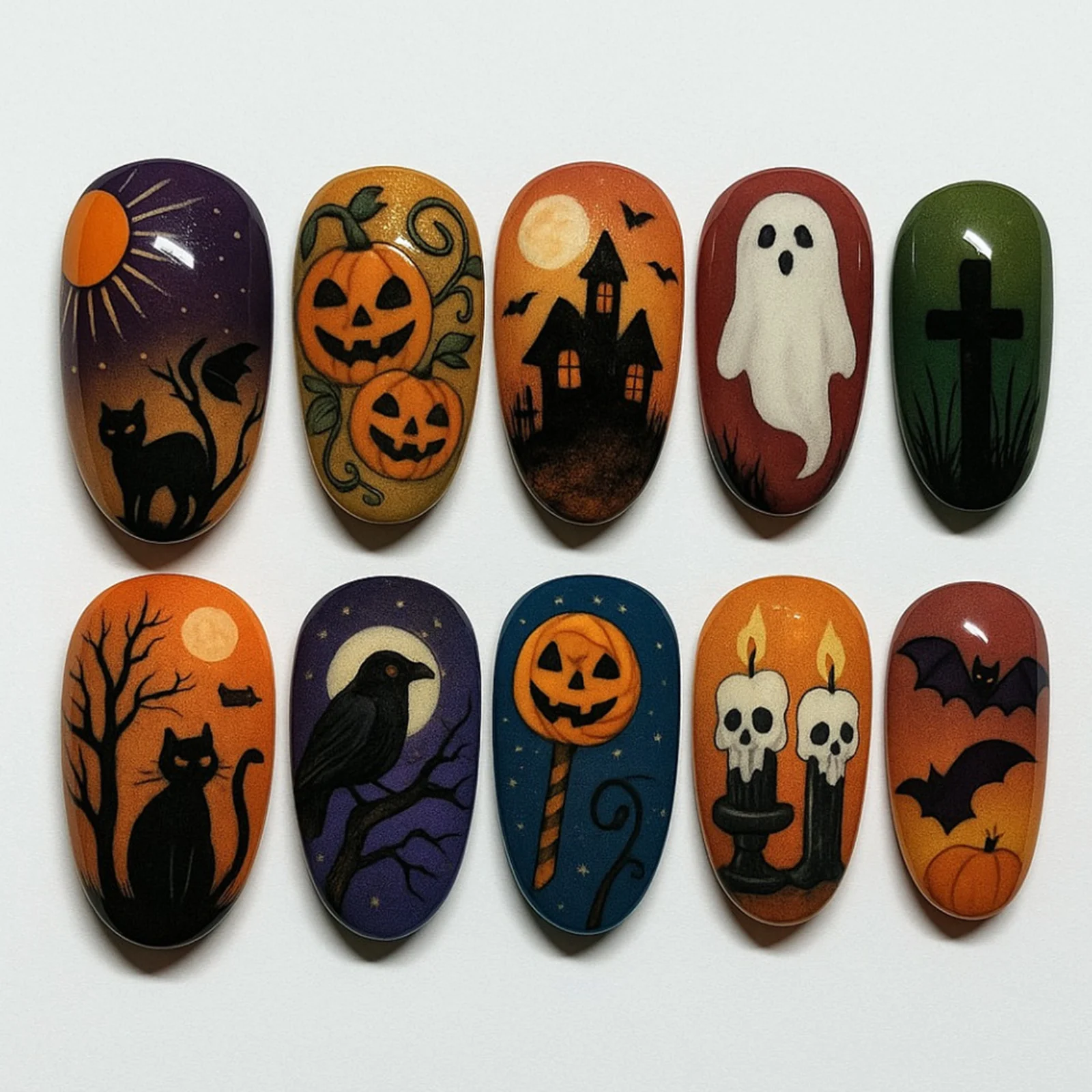 24pcs Halloween Style Press On Nails Dusk Series Glossy Almond False Nails With Horror Pumpkin Ghost Black Cat Designs Fake Nail