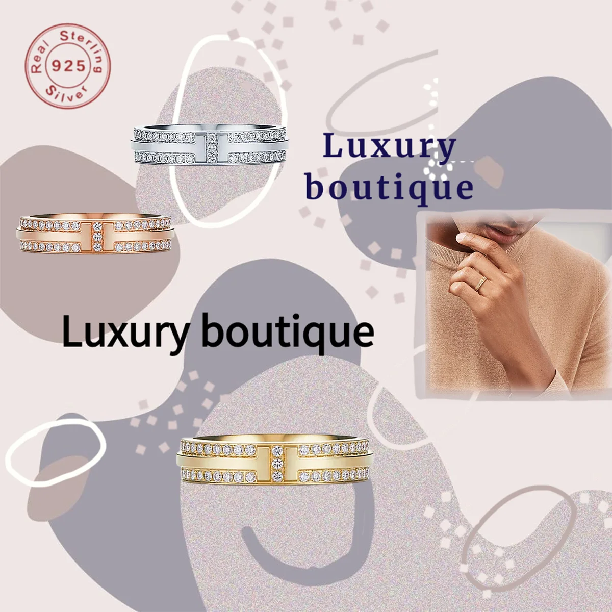 

Pure silver S925 ring set in a single row T-shaped design, luxurious and noble for men and women, OL style couple's festival gif