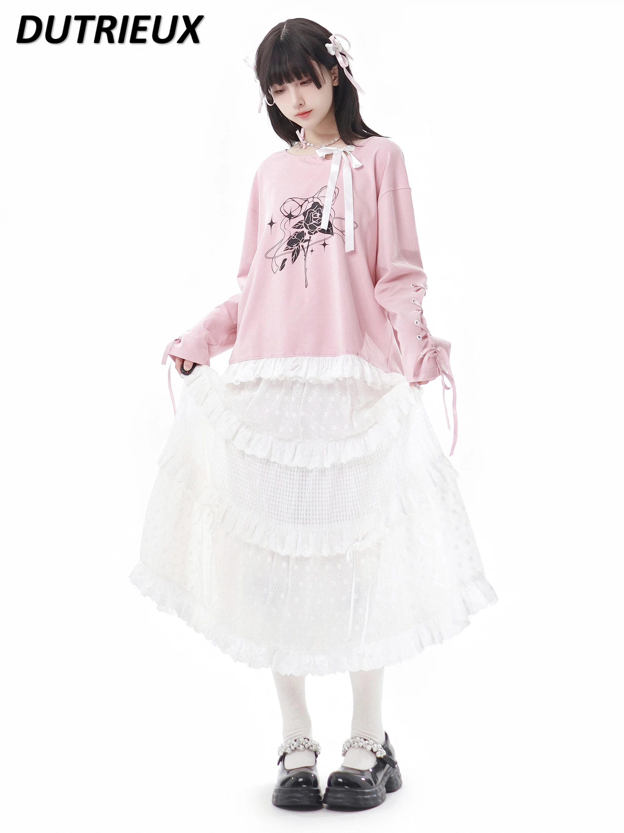 Spring and Summer Sweet Cute Long-Sleeved Lace-up Shirt Round Neck T-shirt Korean Girl's Design Elastic Waist White Skirt Suit