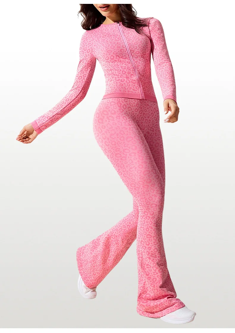 2 قطعة ملابس اليوغا النساء الرياضة مجموعة عارية الذراعين ليوبارد سحاب أكمام طويلة معطف متوهج السراويل رياضة الجري تجريب الملابس ملابس رياضية
