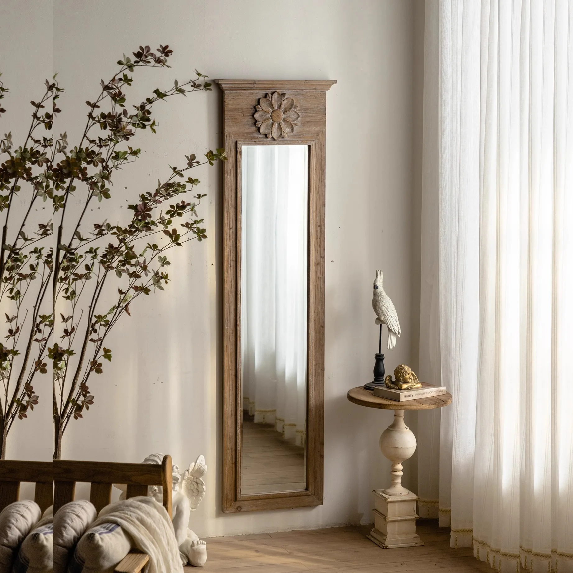 American retro solid wood mirror B & B decorative mirror full body mirror home living room entrance wall decoration creative pho