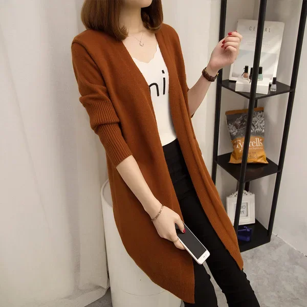 2022 Korean-Style Women's Medium-Length Screw Thread Knitted Cardigan Jacket Loose-Fit Slimming Versatile Thin Jacket