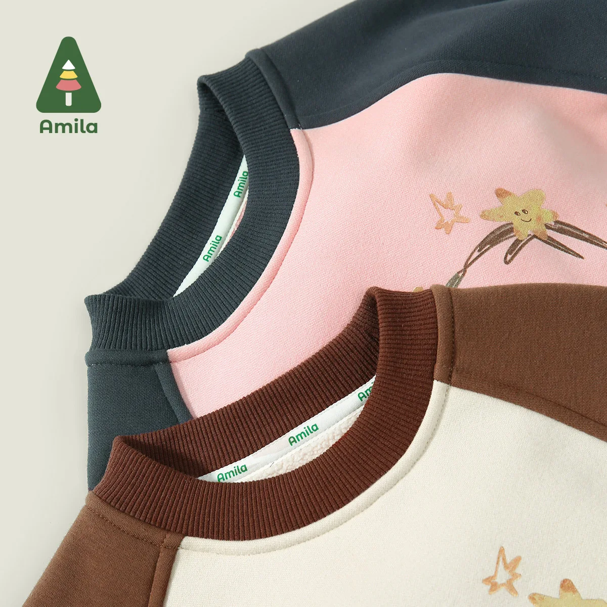 Amila Baby Sweatshirt 2024 Winter New Style Boys And Girls Contrasting Color Plus Velvet Warm Soft Cartoon Children\'s Pullover